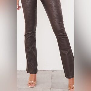 PRETTY LITTLE THING CHOCOLATE BROWN CROC COATED DEMIN JEANS